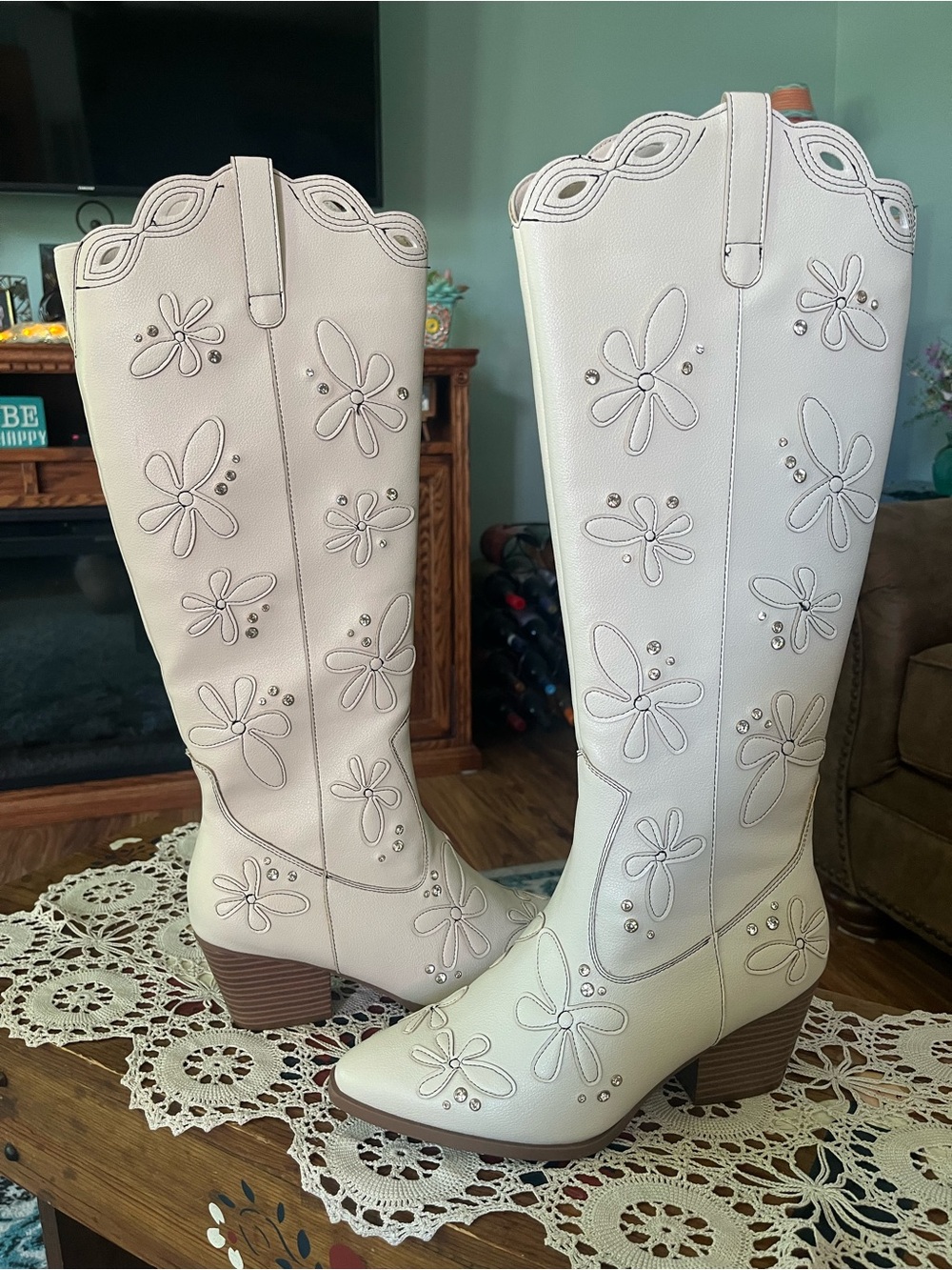 Women's Cream Floral Embroidered Knee-High Heeled Cowgirl Boots